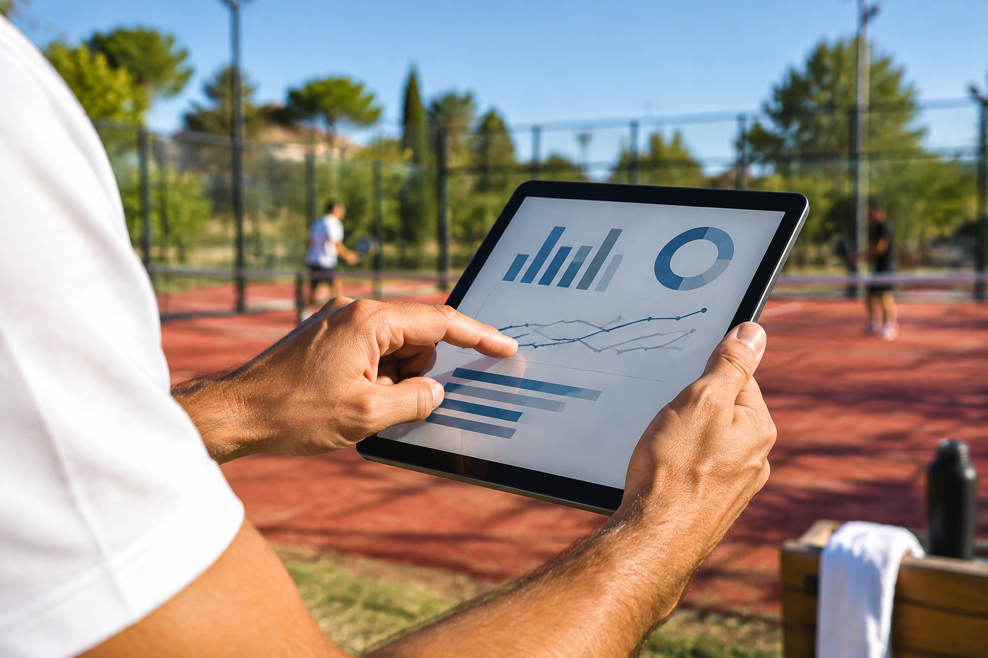 A coach reviewing live match data on a tablet courtside