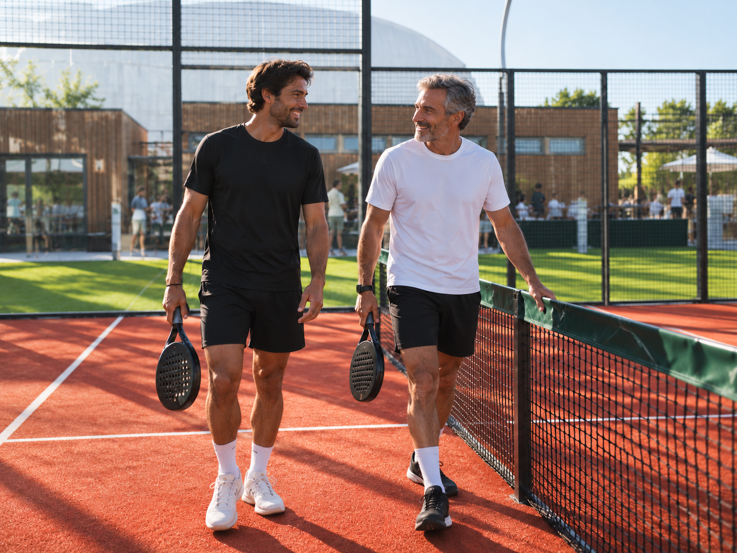 Two padel players walking beside the net on the red outdoor court